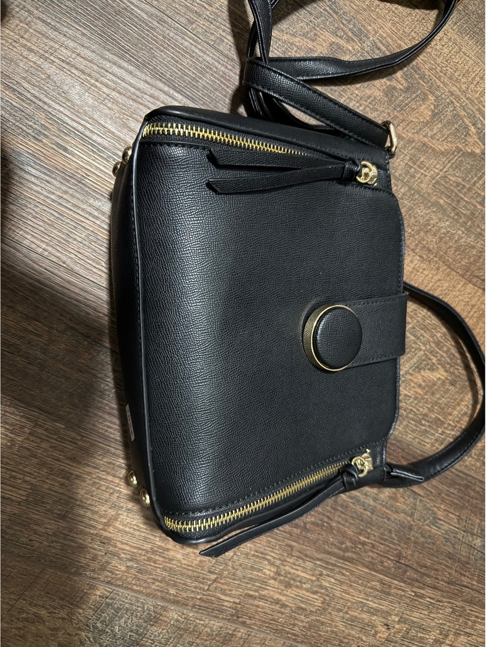 Black Faux Leather Crossbody Bag with Gold Zipper and Button Detail